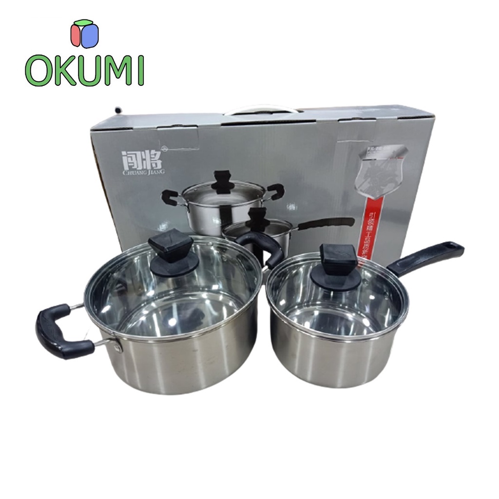 OKUMI_SHOP หม้อสแตนเลส 1เซ็ต 2 ใบ หม้อสแตนเลสพร้อมด้ามจับ+หม้อฝาแก้ว ใช้ได้กับเตาทุกประเภท