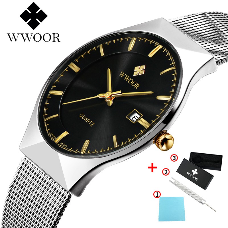 Wwoor นาฬิกาข้อมือควอตซ์แฟชั่น สายแสตนเลส บางพิเศษ กันน้ํา ของขวัญ สําหรับผู้ชาย 8016