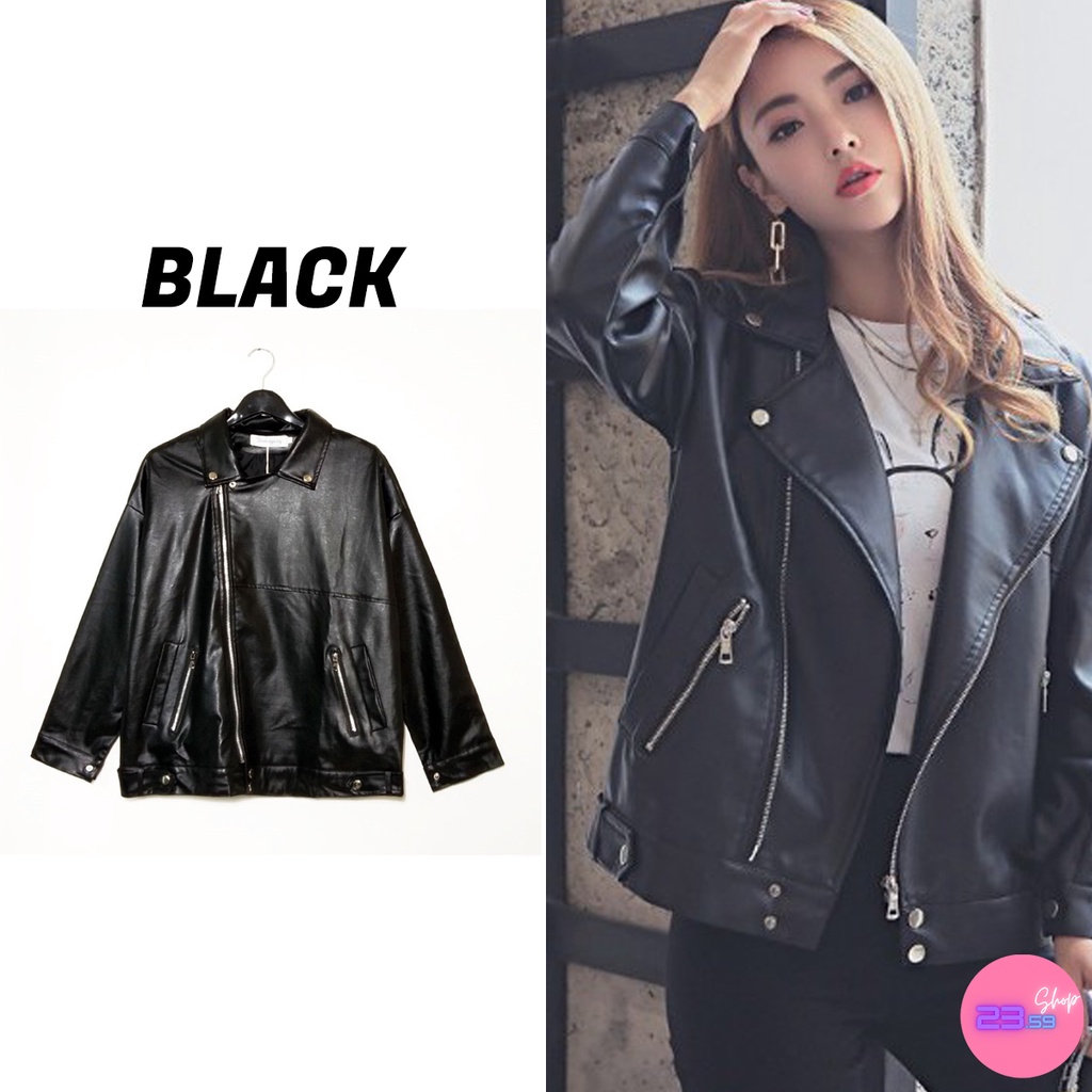 Sale80% เสื้อแจ็คเก็ตหนังซิปเงิน แขนยาวคอปก ทรงใหญ่