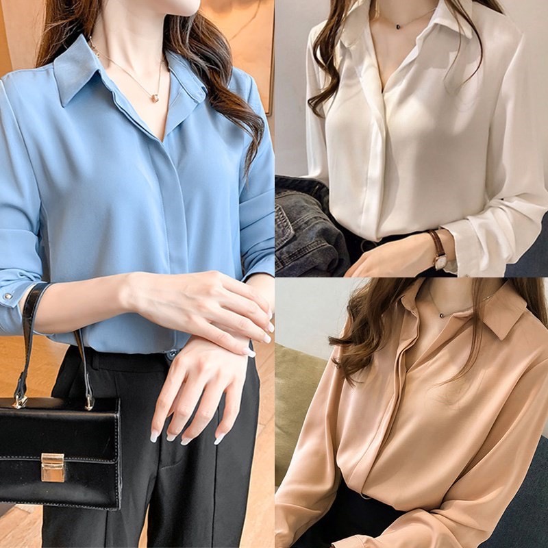 เสื้อเชิ้ต ผ้าชีฟอง แขนยาว เรียบหรู คอวี ทรงหลวม สไตล์เกาหลี เสื้อผ้าสาวอวบ