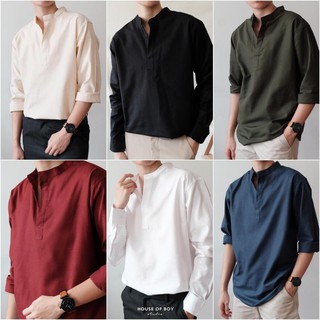 🎄ใช้โค้ด Happy200 ลด20% เชิ้ตคอจีนผู้ชาย สีพื้น แบบสวมหัว Long-sleeve Pullover Shirt  Mandarin Collar cotton oxford ม