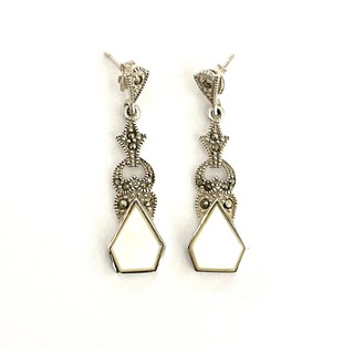 ต่างหูเงินแท้925 ตัวเรือนเงินแท้ประดับมาร์คาไซท์&amp;มุก(Marcasite Earring)