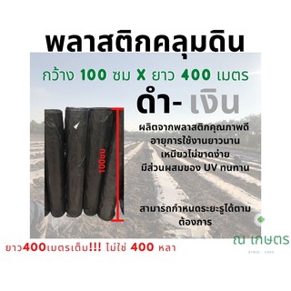 พลาสติกคลุมดิน 1x400 เมตร เกรดหนา 25 ไมครอน ผ้ายางคลุมดิน พลาสติกดำเงิน mulching film