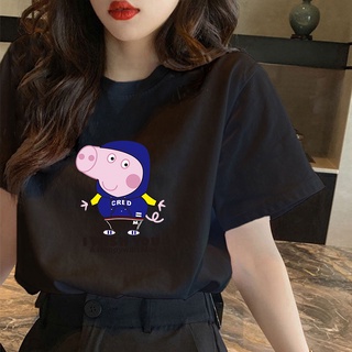 CX คอกลมเกาหลีเสื้อยืดขนาดบวกการ์ตูน Peppa รูปแบบหมูพิมพ์เสื้อยืดผ้าฝ้ายเสื้อยืดขนาดใหญ่สําหรับ Iiu