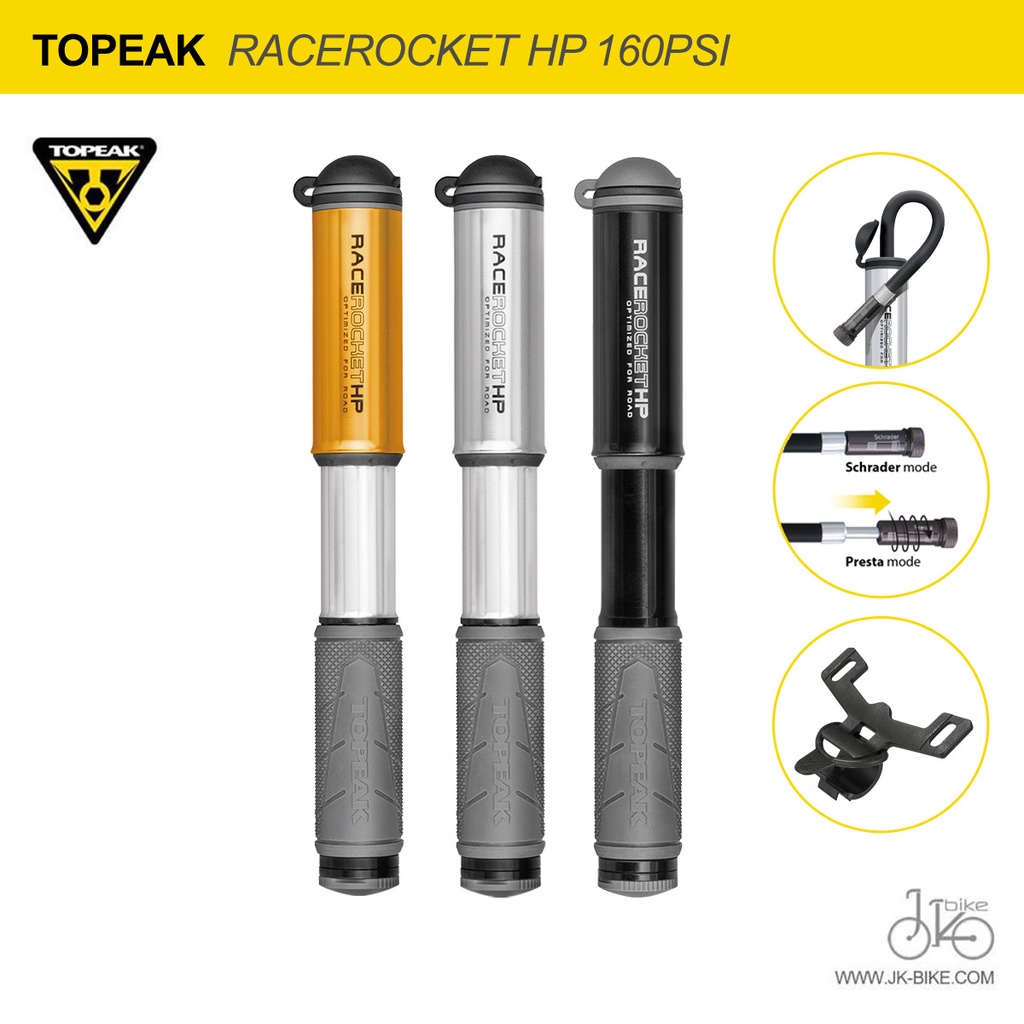 Topeak RaceRocket HP - Pompe Vélo Compacte Haute Pression 160 PSI Pour Pneus Route Et VTT