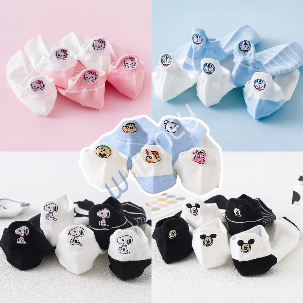 ❤️ถุงเท้าคิตตี้ โดเรม่อน ชินจัง มิกกี้ สนู้ปปี้⭐️ งานปักหลังข้อเท้า มี 5 แบบ Kitty Doraemon Chin-jung Mickey Snoopy ES69