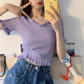 Women 🎀พร้อมส่ง🎀 เสื้อไหมพรม​ คอกลมแต่งขอบหยักระบายเข้ารูป​Kawaii(8240)