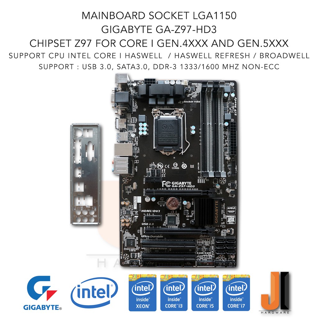 Mainboard Gigabyte GA-Z97-HD3 (LGA1150) Support Intel Core i Gen.4XXX, Gen.4XXX Refresh and Gen.5XXX สินค้ามือสองสภาพดี