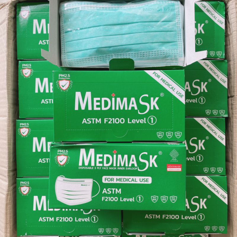 หน้ากากอนามัย MEDIMASK, Klean Mask, MediCareMask 1กล่อง 50ชิ้น 3ชั้น แมส สีเขียว แมส Face Mask มีแผ่นกรอง