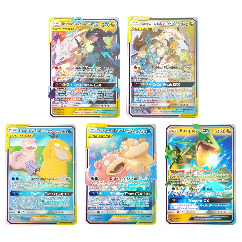 Pokemon Card Tag Team & GX ชุด 5 ใบ Reshiram & Zekrom, Rayquaza, Slowpoke & Psyduck การ์ดภาษาอังกฤษ 