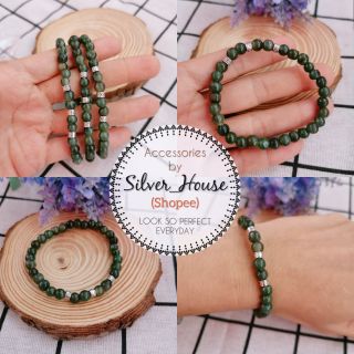 สร้อยมือหยก​แท้​ เม็ดหยก​6mm.​คั่นโลหะ หยกแท้​ หยก​สีเขียวธรรมชาติ​ เขียวเข้ม