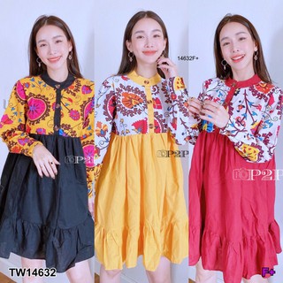 TwinsShopVip💗พร้อมส่ง TW14632 เดรสคอจีนแขนยาวลายกราฟฟิก