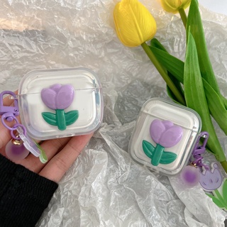 เคสหูฟัง แบบนิ่ม ลายดอกทิวลิป สีม่วง สําหรับ Airpods 2 3