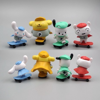 ตุ๊กตาฟิกเกอร์ Pom Pom Purin Cinnamoroll Pochacco Skateboard Series ของเล่นสําหรับเด็ก 4 ชิ้น ต่อชุด