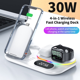 แท่นชาร์จไร้สาย A06 4 In 1 RGB LED Wireless Charging Station  QI Fast Wireless Charger Stand Dock With Digital Clock