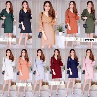 3779 Dress เดรส แต่งแขนพองๆ คอวีไขว้ด้านหน้า