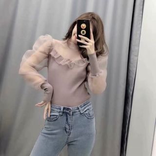 เสื้อไหมพรมระบายแขนพอง น่ารักออกเซ็กซี่นิด