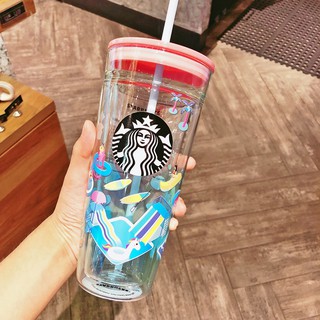 Starbucks Cup 2019 Summer New Unicorn 591ml Water Park Double Glass Straw Cup Gift