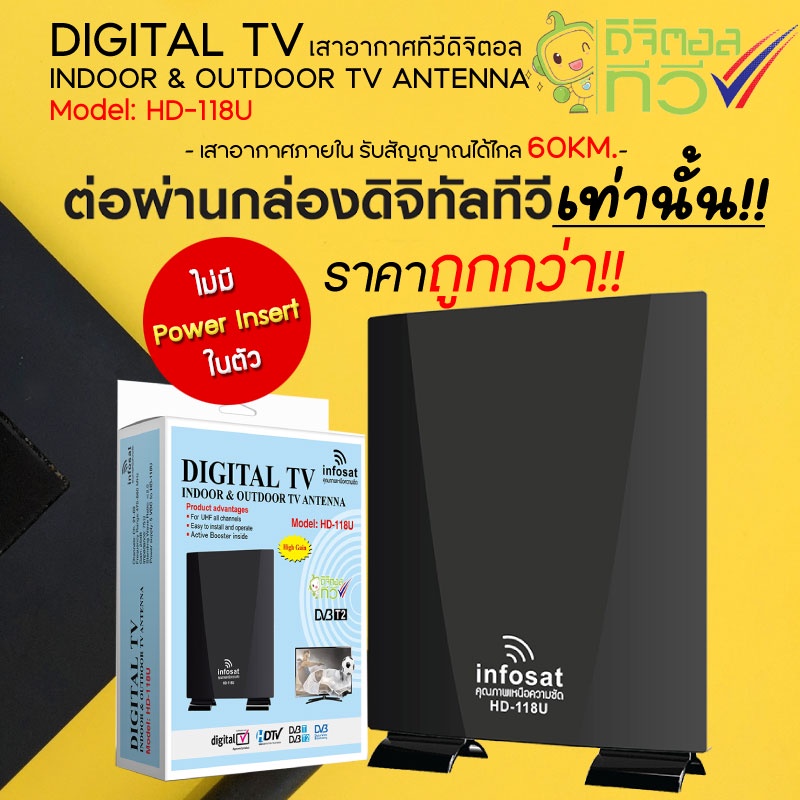 Infosat เสาทีวีดิจิตอล รุ่น HD-118U ต่อผ่านกล่องดิจิตอลทีวีมีสายในตัว 10เมตร (ไม่มี PowerInsert)