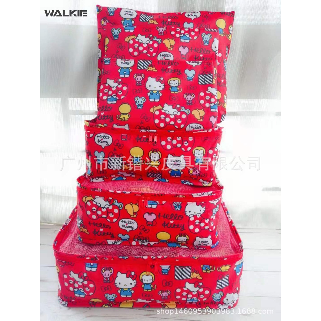 SANRIO Walkie กระเป๋าเก็บเสื้อผ้า ผ้าออกซ์ฟอร์ด ลาย Hello Kitty น่ารัก กันน้ํา พับได้ สําหรับเดินทาง 6 ชิ้น ต่อชุด