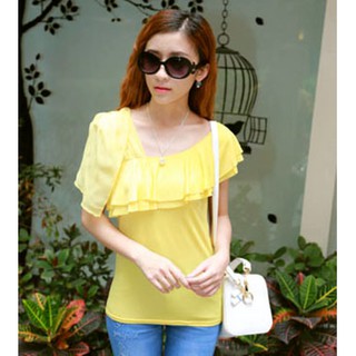 เสื้อแฟชั่นเกาหลี แต่งระบายไหล่ ผ้ายืด สีเหลือง s493 yellow blouse ชุดแฟชั่นผู้หญิง