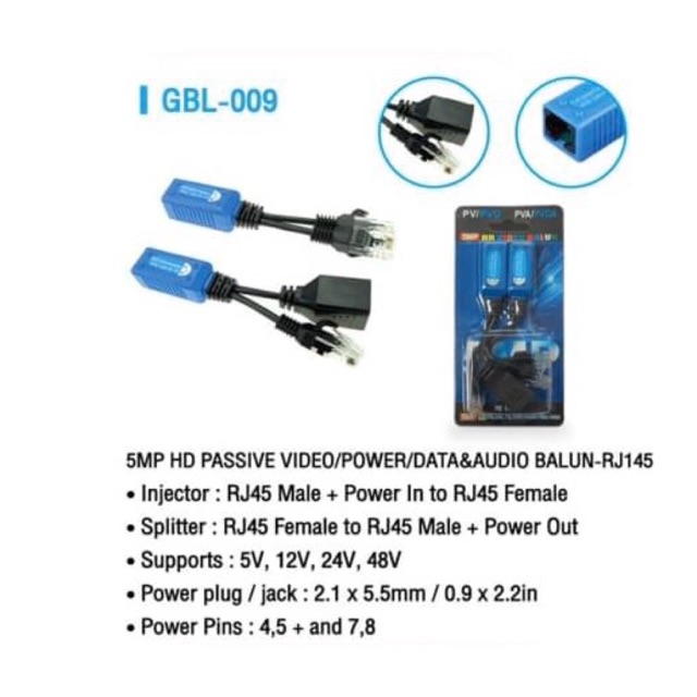 5MP HD PASSIVE VIDEO/POWER/DATA&AUDIO BALUN-RJ145 (I GBL-009)