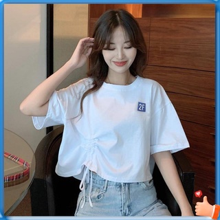 เสื้อเอวลอยผู้หญิง เสื้อครอปสายฝอ เสื้อครอปสาวอวบ สั้นสั้น -sleeved t -shirt หญิง 2020 ใหม่การออกแบบเกาหลีแบบหลวม ๆ