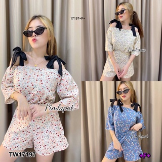 TwinsShopVip💗พร้อมส่ง TW17197 set 2 ชิ้น เสื้อผูกไหล่แขนสั้นลายดอกไม้ + กางเกงขาสั้น Set of 2 pieces. Short sl