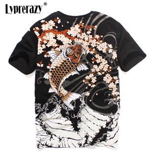 Lyprerazy เสื้อยืดแขนสั้น ปักลายปลาคาร์พ สไตล์ญี่ปุ่น ฮาราจูกุ วินเทจ สําหรับผู้ชาย