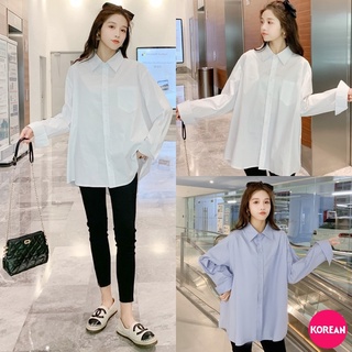 🎀Korean Fashion🎀เสื้อเชิ้ตแขนยาว ทรงโอเวอร์ไซส์ ผ้าเครป 2 สีพื้น สวยๆ