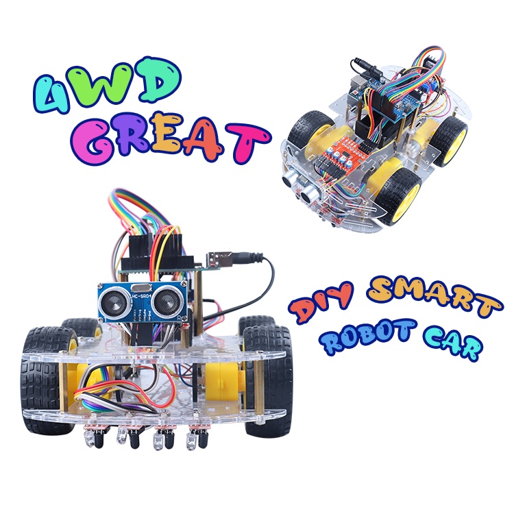 DIY 4WD Robot Car Kit Four Way Tracking Line Car ชุด Four Way Tracking Line รถ การหลีกเลี่ยงอุปสรรค 