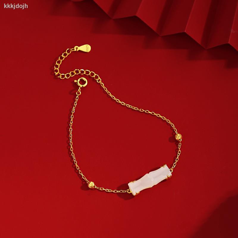 ♛เงิน Shiqi S925 เงินชุบทอง Hetian Jade Peace สร้อยข้อมือไม้ไผ่หญิง Light หรูหรา Niche Design อารมณ์คุณภาพสูง