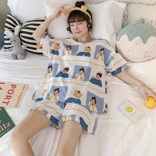 ชุดนอน ชุดนอนคอกลม แขนขาสั้น ผ้าคอตตอน ผ้านิ่ม ใส่สบาย