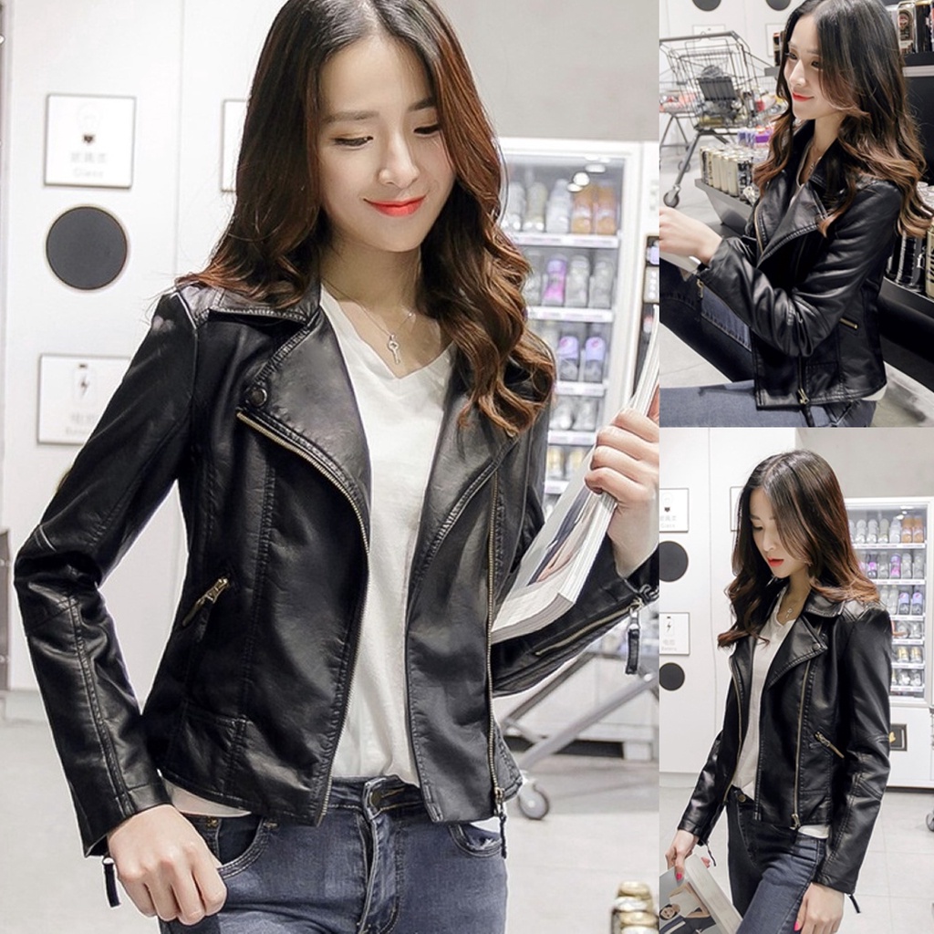 Korean เสื้อแจ็คเก็ตหนังเงาสีดำสุดเท่ ซิปทอง รุ่นใหม่