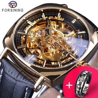 Forsining Watch + Bracelet Set Combination 2018 Golden Luxury Skeleton Mechanical Watches Black Genuine Leather Men Wris
