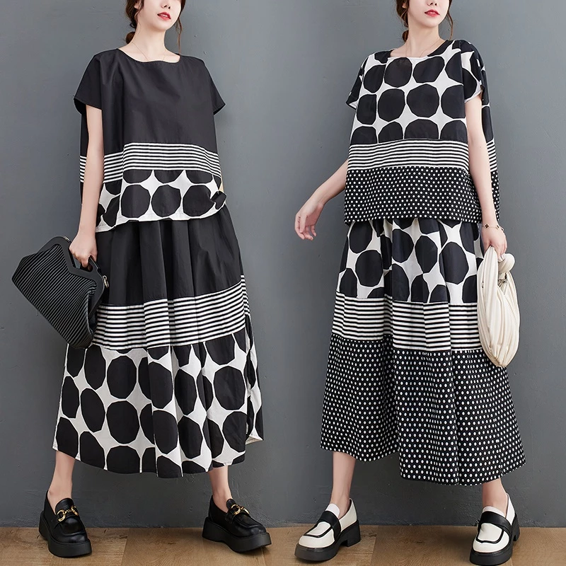 Oladivi Plus ขนาดผู้หญิงเสื้อผ้าแฟชั่น Polk Dot พิมพ์แขนสั้นลําลองหลวมเสื้อ + กระโปรงสองชิ้นชุดฤดูร้อนใหม่ขนาดใหญ่เสื้อด้านล่าง 3553 L XL XXL 3XL C051B