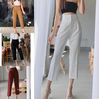 🔥MRU21🔥S-XL กางเกงขายาว8ส่วน ทรงบอยเอวตะขอหน้า สะโพกปล่อย