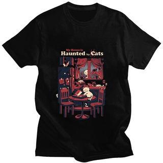 เสื้อยืดแขนสั้นลําลอง ผ้าฝ้าย ทรงหลวม ลาย Haunted By Cats Haunted Mansion Horror Halloween Spooky Scary Kitty แฟชั่นฤดูร