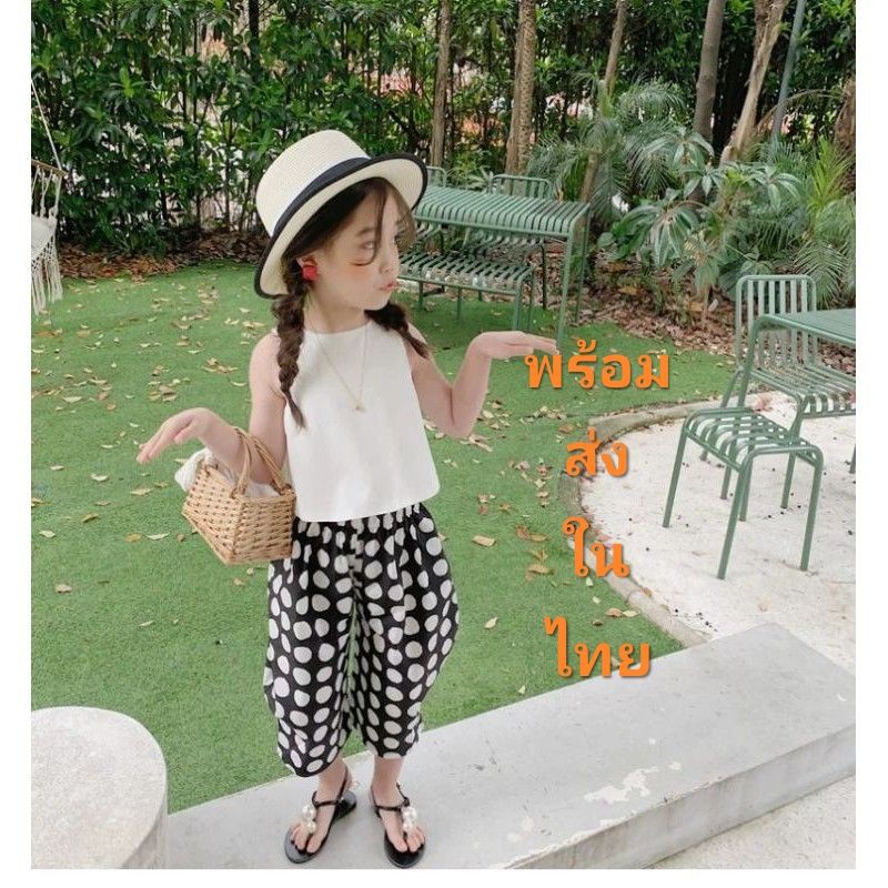 [Y D]009 พร้อมส่ง เสื้อยืดแขนกุดกางเกงขากว้างสําหรับเด็ก 2 ชิ้น