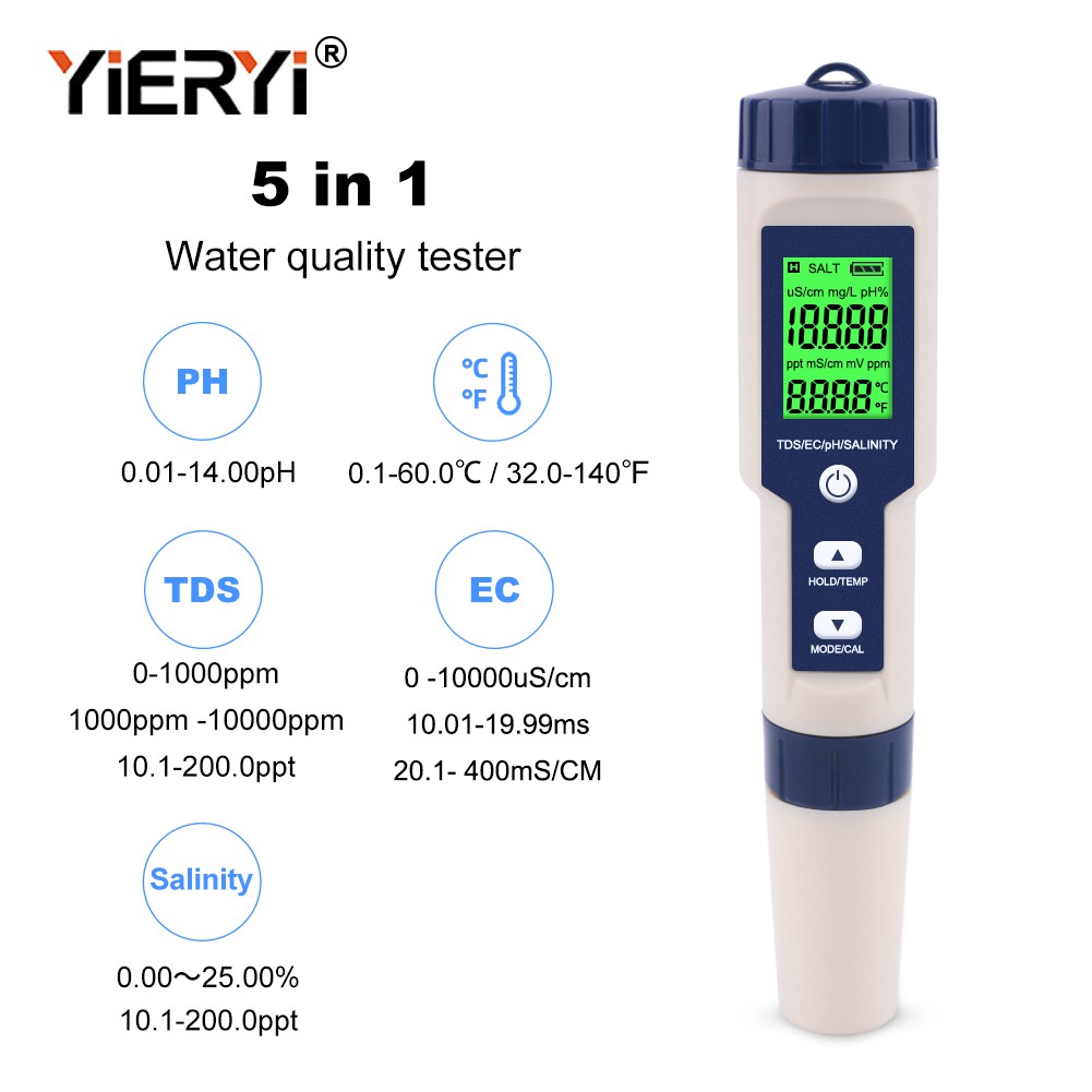 YIERYI 5 In1 เครื่องวัดคุณภาพน้ํา IP67 กันน้ํา PH/TDS/EC การนําไฟฟ้าอุณหภูมิความเค็ม 5-in-1 ปากกาทดสอบ Aquarium, น้ําทะเล, น้ําดื่ม, สระว่ายน้ํา, อาหารแปรรูป