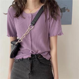 2020 summer new womens Korean version of the wood ears ice silk short-sleeved knitted cardigan purple French top trend