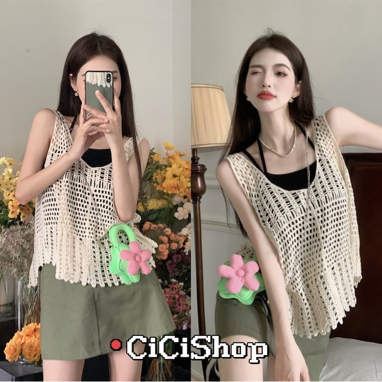 Cicishop(19028)เสื้อแขนกุดไหมพรมถัก ตาข่ายลายฉลุแบบแซ๋บๆใส่เดียวก็เซ็กซี่จะใส่คลุมเก๋ๆๆ