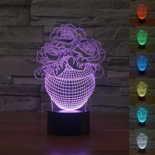 โคมไฟตั้งโต๊ะ LED รูปกระถางดอกไม้ 3D ไล่โทนสี 7 สี ชาร์จ USB