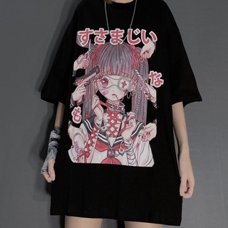 Summer Korean Style Women Tops Ins Dark Retro Anime Print Oversize T-shirt Harajuku Female Short Sleeve Gothic Clothing