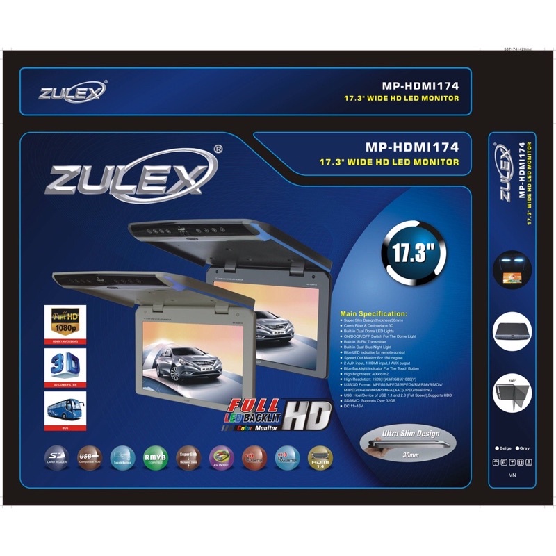 Zulex MP-HDMI 174 จอเพดานติดรถยนต์ 17.3นิ้ว TV Monitor car