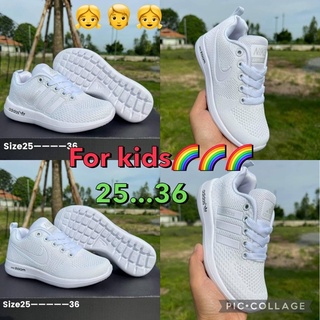 For kids รองเท้าผ้าใบของเด็กสีขาว(25...36)เบาใส่สบายแบบผูกเชือกใส่ไปโรงเรียนเด็กผู้หญิงหรือผู้ชาย🎊🎊🌈