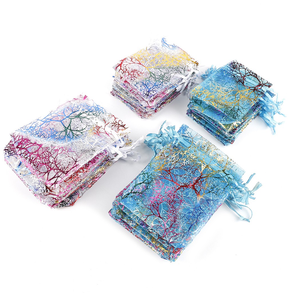 10 ชิ้น/แพ็คขนาดต่างๆ Drawstring Organza กระเป๋าที่มีสีสันเครื่องประดับบรรจุภัณฑ์ถุงของขวัญแต่งงานกระเป๋าเครื่องประดับ Pouches