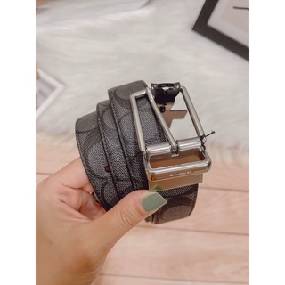 💘Coach💘 💘Skinny Buckle Cut-To-Size Reversible Belt 321 💘เข็มขัดชาย เส้นเล็ก 💘ลาย C เทาดำ หัวสีเงิน 💘ขนาด 32 mm