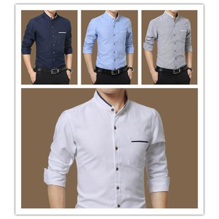 Long Sleeve Business Shirt เสื้อเชิ้ตคอจีน กระเป๋าเจาะ ผ้าอ๊อกฟอร์ด สีพื้น