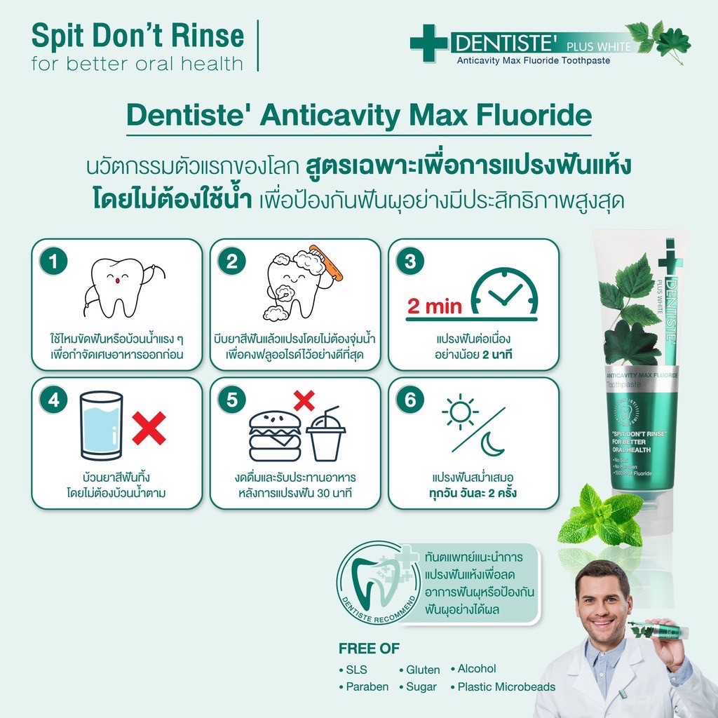 10 กรัม Dentiste’ Anticavity Max Fluoride Toothpaste ยาสีฟันสูตรแปรงแห้ง ฟลูออไรด์ 1500PPM ป้องกันฟันผุ - รูปที่ 2